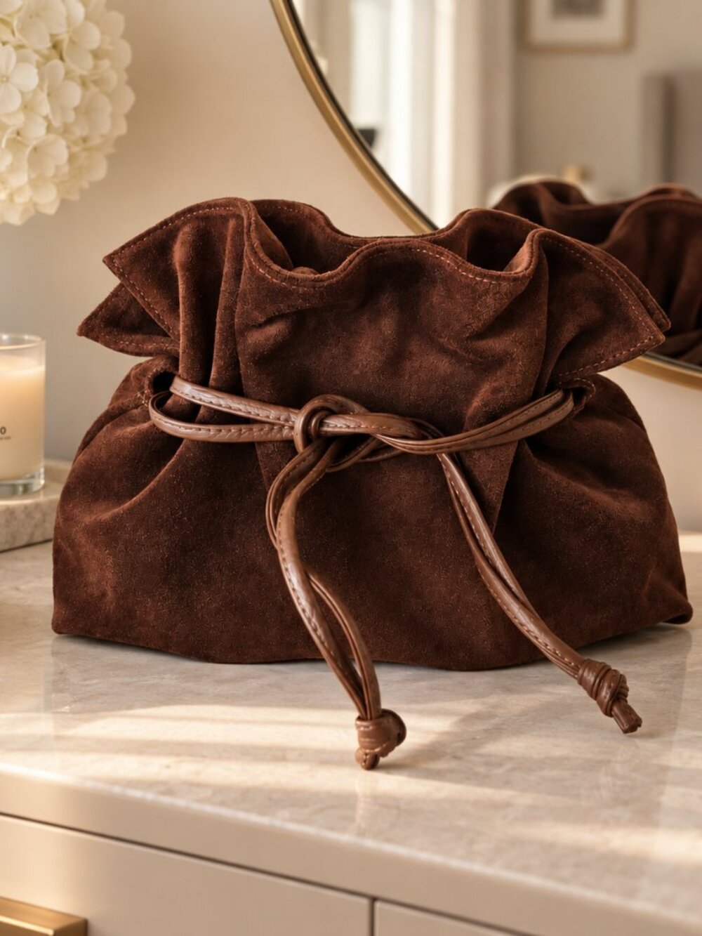Cognac Suede Drawstring Crossbody Bag, Italian Leather Shoulder Bag